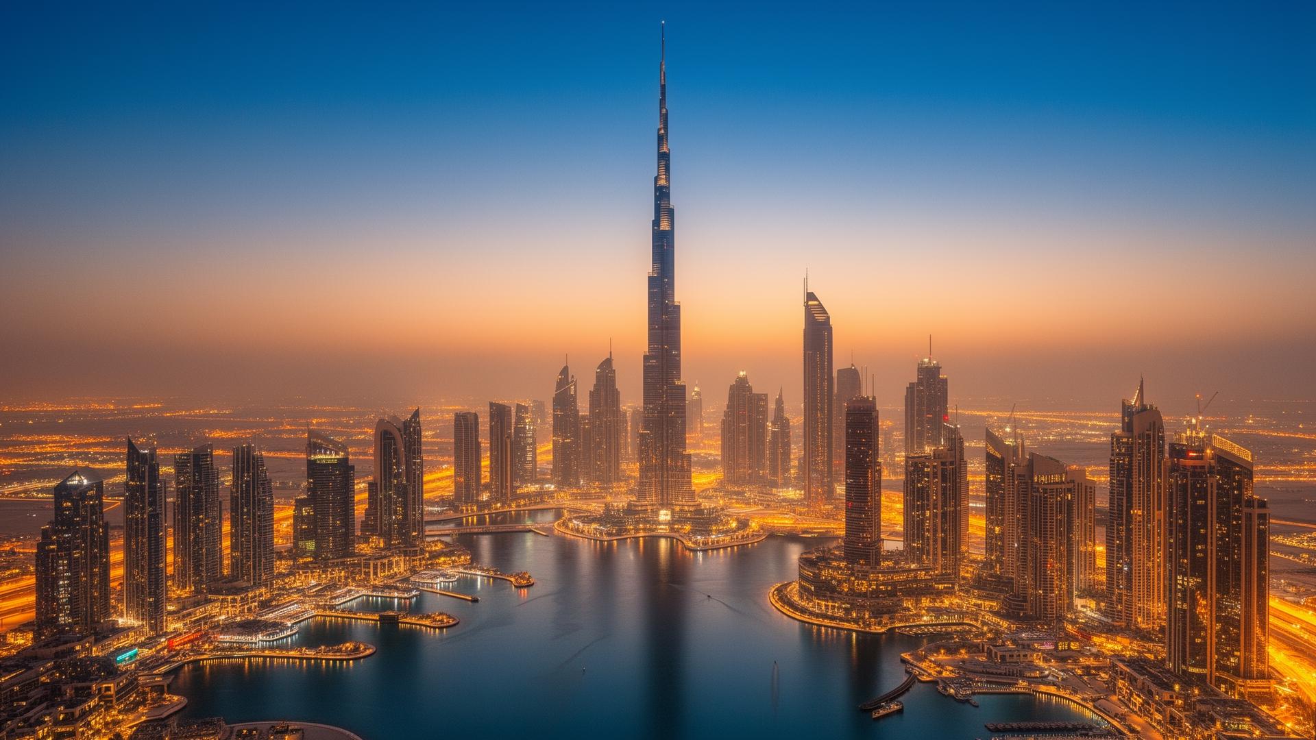Dubai skyline at twilight with the Burj Khalifa